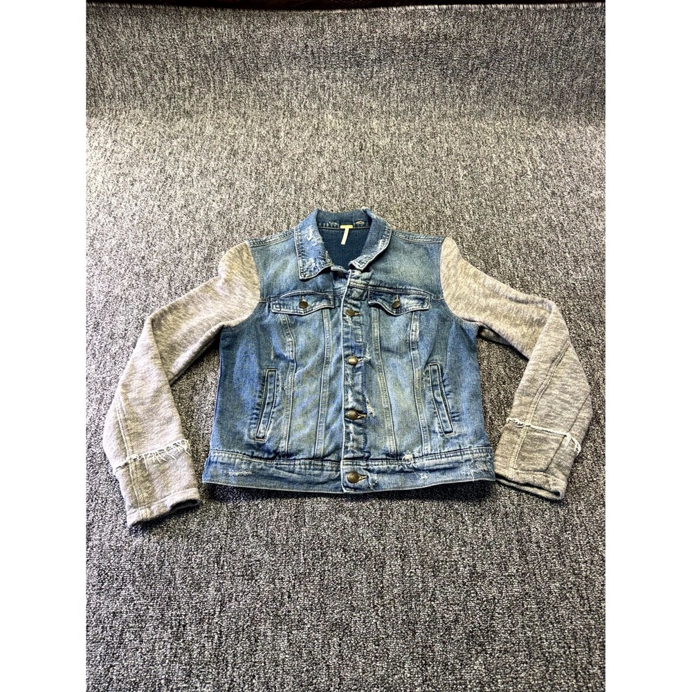Free People Knit Sleeve Distressed Denim Jacket Womens Medium Blue Medium Wash
